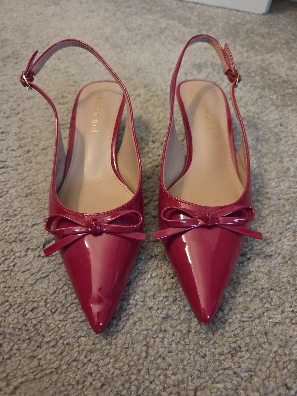 Madden Girl Red Patent Pointed-Toe Slingback Kitten Heels with Bow
